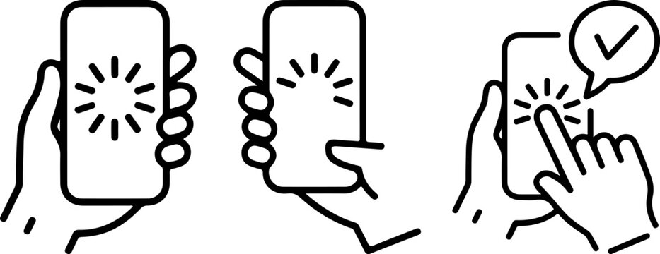 Vector illustration set of hands holding smartphone with loading icon and finger tapping screen