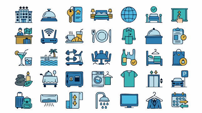 Flat vector icon set for hotel services, accommodation, and travel amenities