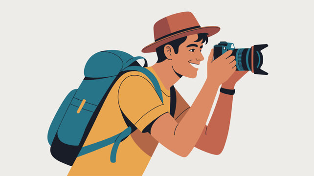 Young male tourist with a backpack and hat taking professional photos with a digital camera while traveling on vacation.