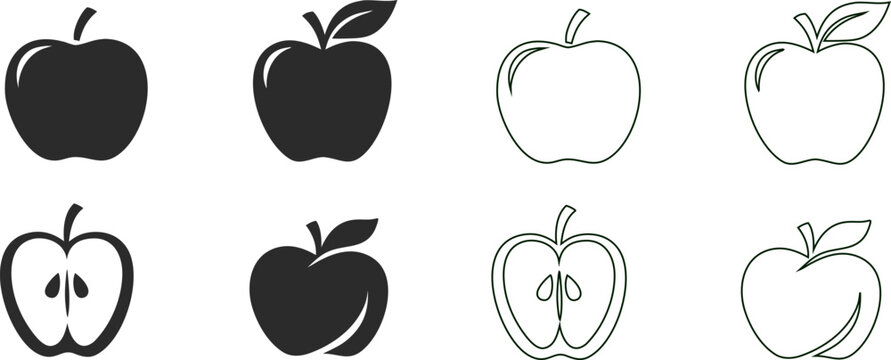 Premium apple vector set in silhouette and outline styles with clean editable artwork. Perfect for food branding, healthy lifestyle graphics, logos, packaging, and Adobe Stock projects.