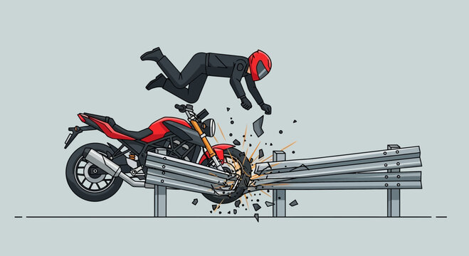 Motorcycle accident illustration rider ejected after collision with barrier