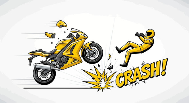 Motorcycle accident illustration rider ejected from yellow sportbike crash