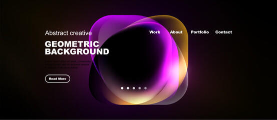 Obraz premium Modern website design features vibrant purple abstract shapes, text, navigation menu. Dark background enhances visual impact.
