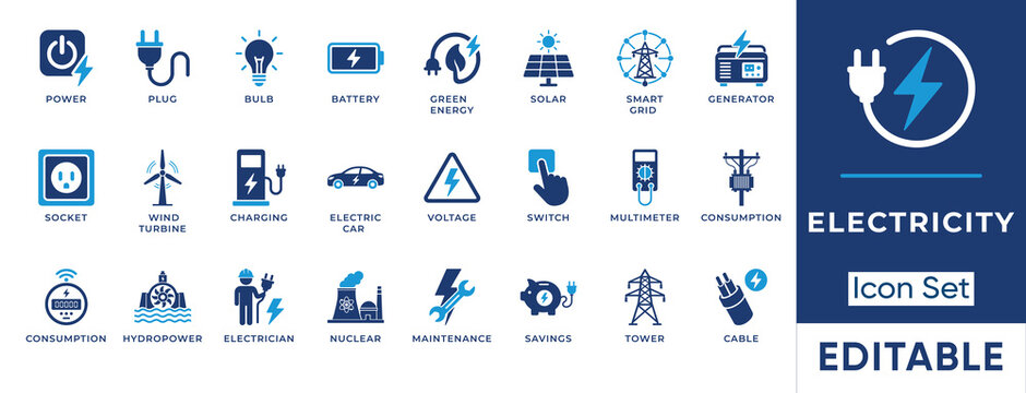 Electricity and renewable energy solid icon set. Includes symbols for Smart Grid, Wind Turbine, and Electric Vehicle. Vector icons for power infrastructure and sustainability reports.