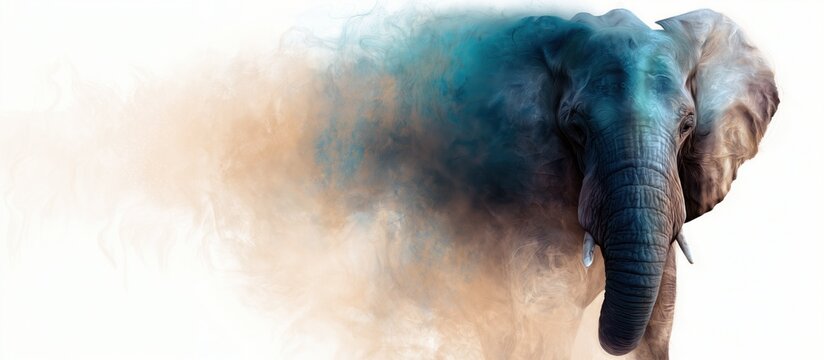 Abstract Elephant Portrait Emerging from Ethereal Smoke with Minimal White Background and Copy Space