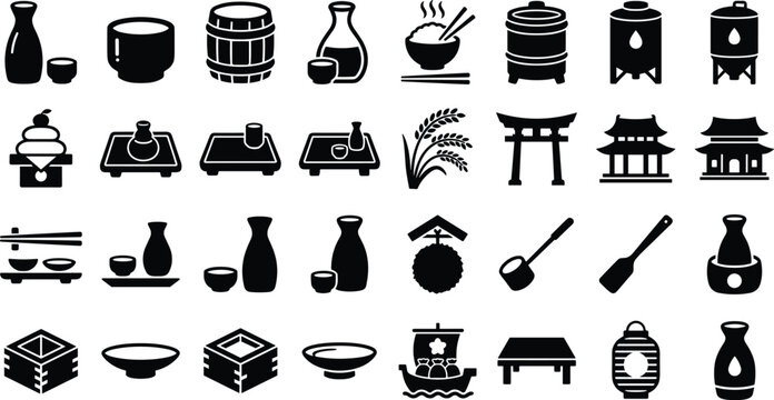 Japanese culture silhouette icon collection, traditional food architecture and ceremonial symbols set, black vector bundle illustration