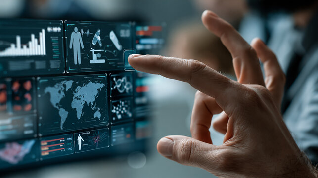 Hand Touching Futuristic Digital Healthcare Interface Screen