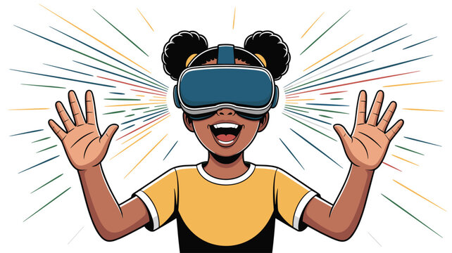 Happy young girl wearing virtual reality headset experiencing immersive digital world with arms wide open in excitement.