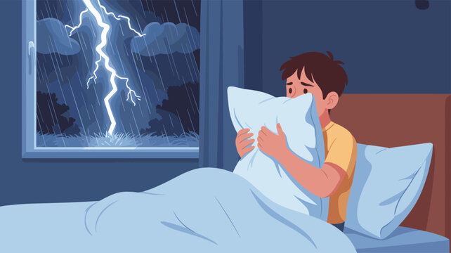 Little boy feeling scared of thunderstorm and lightning at night while hiding behind pillow in his bed under blanket.