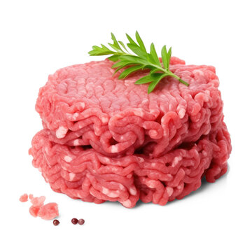 A stack of raw ground beef patties rests on a png transparent. A sprig of parsley is placed on top of the patties.