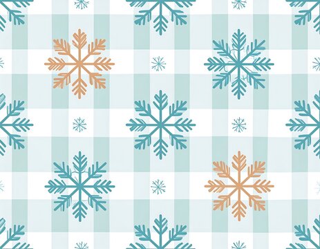 A seamless pattern of snowflakes on a gingham background