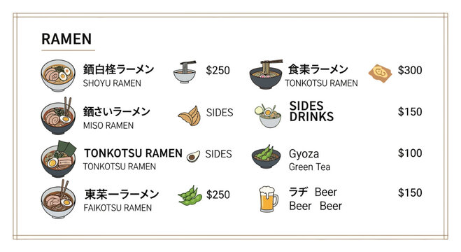 Japanese ramen menu displaying various dishes and prices