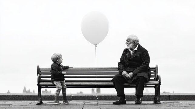 a bold black and white photo of an old man sitting on a bench in the square, sunday morning, charmingly and contemplatively viewing a child playing with his balloon, photo in 18th century clothes, ima