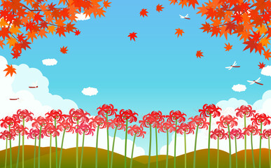 赤い彼岸花と秋の紅葉の背景イラスト1_横 © Peco