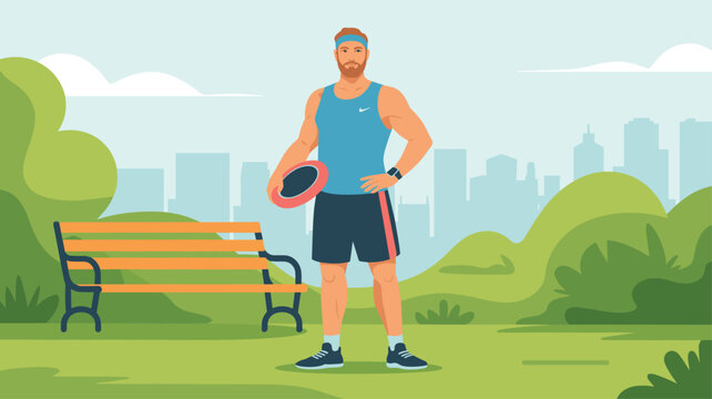 Fit young man stands confidently in a public city park holding a frisbee while preparing for outdoor sports and recreational activities.