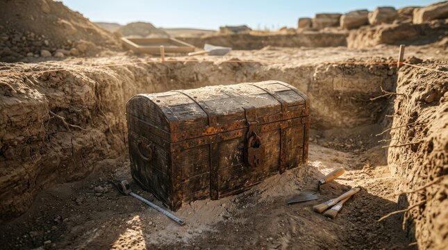 Archaeologists excavate a weathered wooden chest from a dirt-covered pit. The chest sits in a desolate, arid landscape with exposed earth and stone structures in the background.