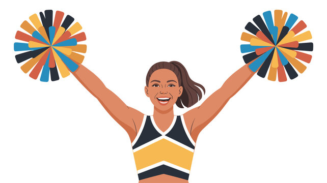 Enthusiastic cheerleader with a bright smile raises her colorful pom-poms high in the air to support and encourage her sports team.