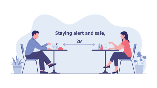 Man and woman sit at separate tables in a cafe while maintaining a safe social distance of two meters during a health pandemic.