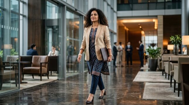 Woman walking in modern office lobby wearing a beige blazer and traditional Indian dress.