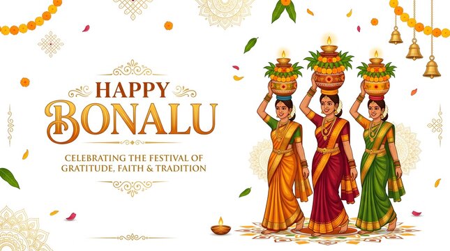 Happy bonalu festival celebration with women carrying traditional offerings on white background