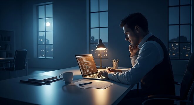 Businessman Working Late Night in Modern Office Environment.