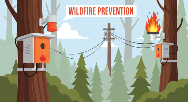 Illustration of forest fire prevention with utility infrastructure.