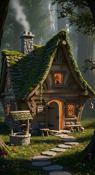 Enchanted Forest Fairy Tale Cottage Surrounded by Nature.