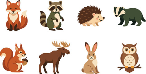 Naklejka premium Cute cartoon woodland forest animals vector illustration set isolated on white background