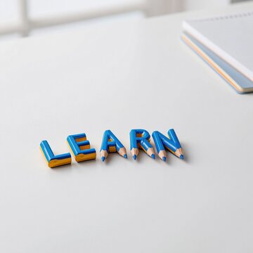 Blue pencil letters spelling learn on a bright white desk, this minimalist study scene features soft and a clean surface for education and tutoring themes