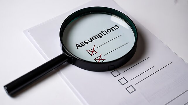Magnifying glass highlighting assumptions checklist on business document