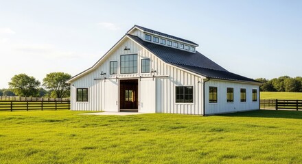 Obraz premium A bright, white barn stands prominently on a grassy field under a clear blue sky. The barn features a steeply pitched roof, multiple windows, and a large wooden door.