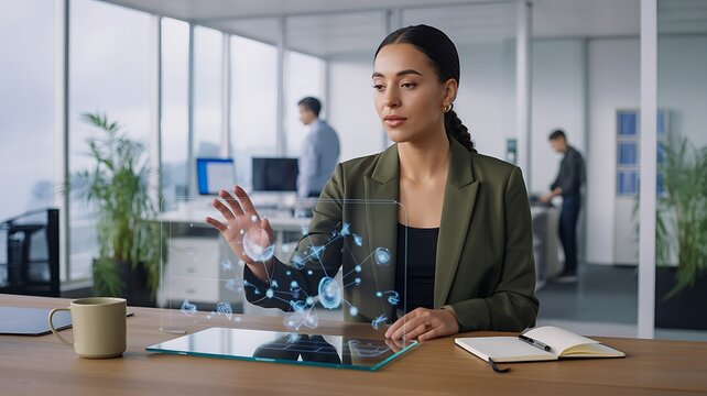 Businesswoman interacting with virtual holographic interface in modern office workspace