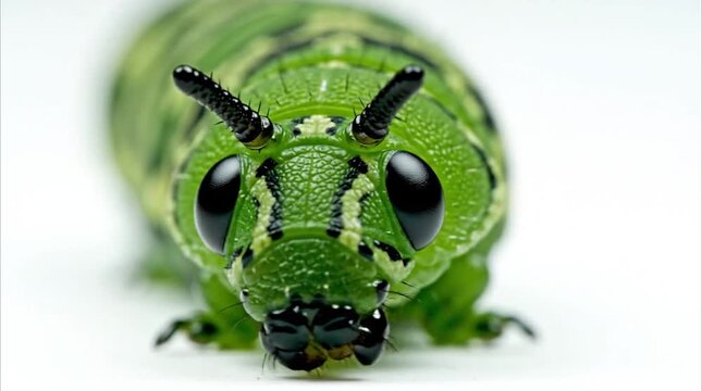 Extreme macro close up headshot of a vibrant green caterpillar with black eyes and horns isolated on a white background wildlife and insect biology concept
