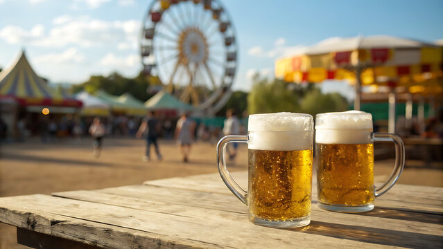 Two mugs of cold beer on a wooden table at an amusement park festival
