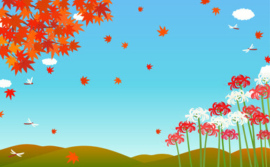 赤と白の彼岸花と秋の紅葉の背景イラスト2_横 © Peco