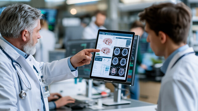 Doctors Analyzing Brain Scan Results on Digital Screen in Hospital
