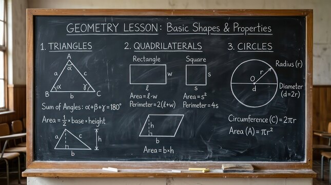 Old school geometry lesson chalkboard in classroom with basic shapes and properties.