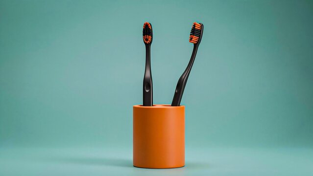 Electric toothbrushes in stylish holder isolated on pastel background for oral hygiene concept