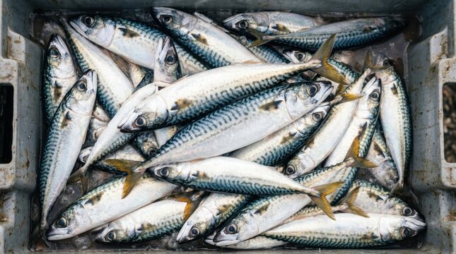 Abundant pile of fresh Atlantic mackerel fish with distinctive blue stripes and silver scales, ready for market