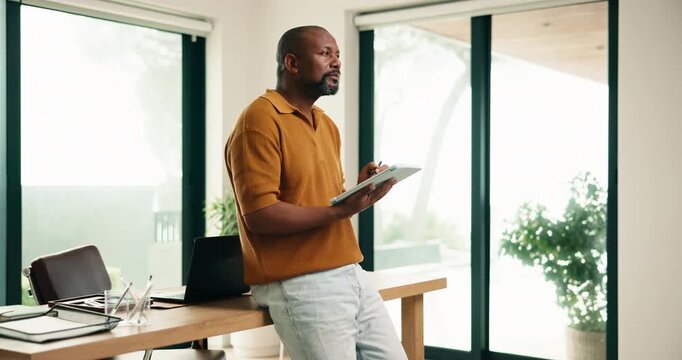 Black man, tablet and drawing in home for freelance, web design and digital art app with inspiration. Remote work, mature person and creative for brand project, internet portfolio and sketch idea