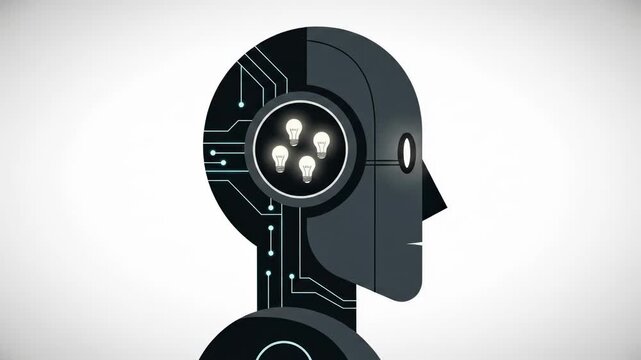 Artificial Intelligence Robot Head with Glowing Idea Lightbulbs.
