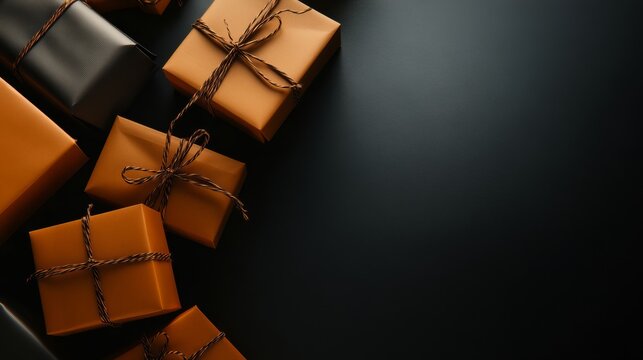 Elegantly Wrapped Gifts: A collection of beautifully wrapped gift boxes, some in rich black and others in warm brown, are tied with rustic twine, suggesting a thoughtful presentation for any occasion.