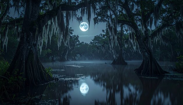 Mysterious swamp at night under a full moon with Spanish moss hanging from trees.