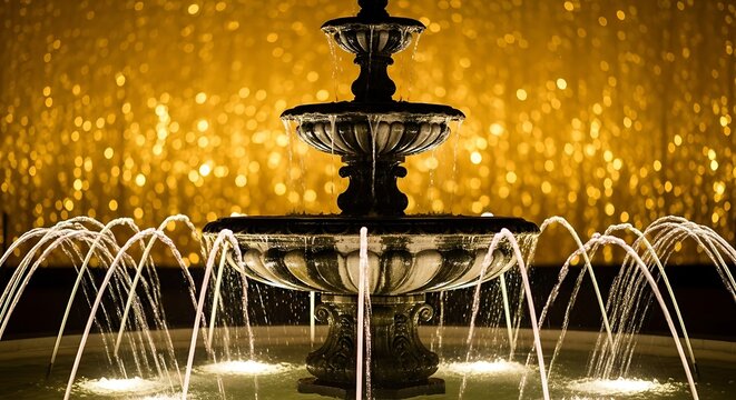 Elegant Fountain with Water Jets and Golden Backgrounds.