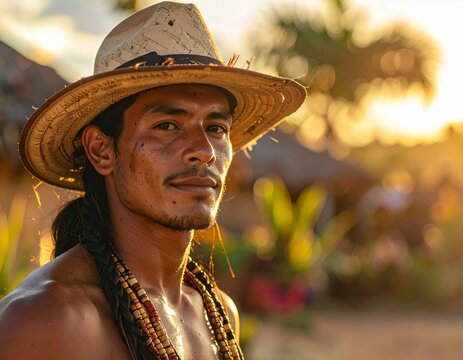 Man wearing a straw hat with braided hair in a tropical setting at sunset.