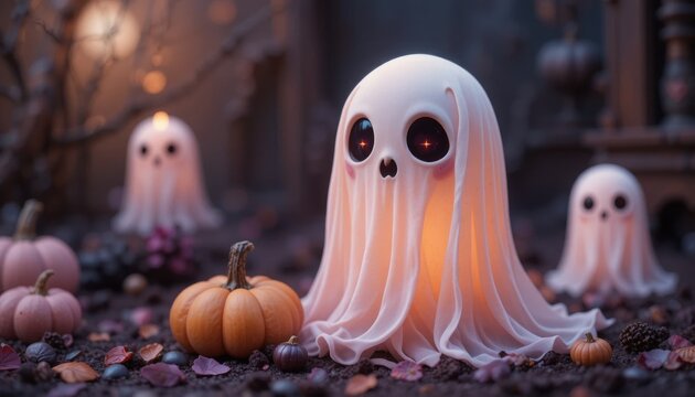 Cute ghost decorations with pumpkins and autumn leaves create a spooky yet charming Halloween scene.