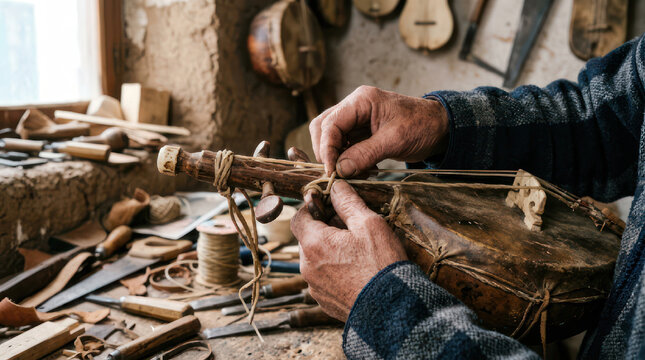 Craftsman hands assembling a traditional stringed instrument with tools.