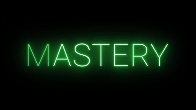 Flickering neon green glowing mastery sign animated black background.