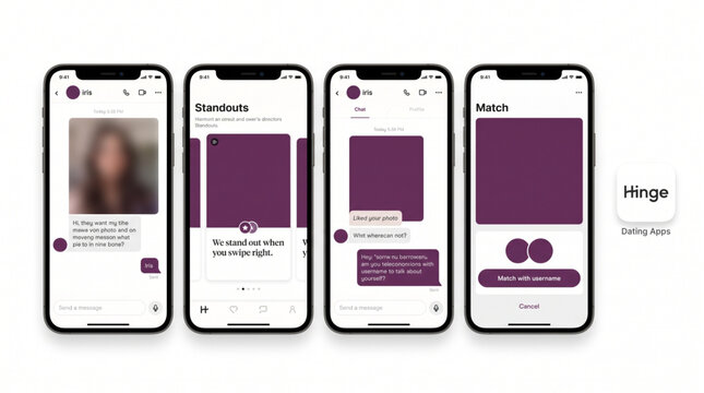 Hinge Dating App UI on iPhone Mockup showing Chat Interface, User Profile, Standouts Feed and Match Screen Layout. Hinge Mobile Application Screenshots Showing Messaging, Matches and Chatting Views