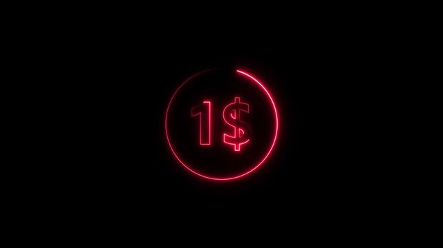 Neon dollar sign one dollar symbol red glowing on black background